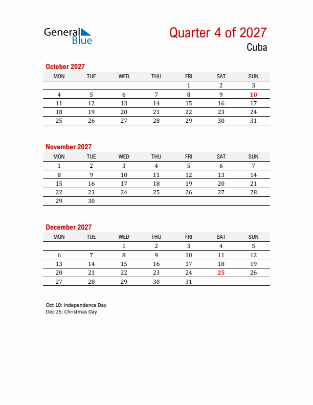 Printable Three Month Calendar with Cuba Holidays