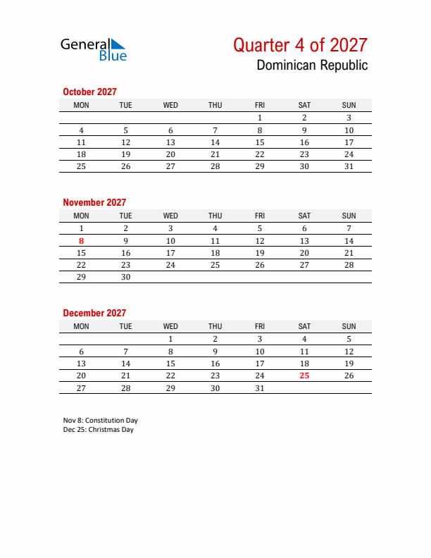 Printable Three Month Calendar with Dominican Republic Holidays