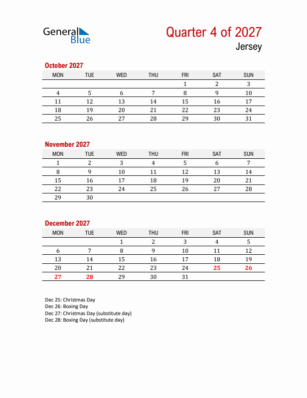 Printable Three Month Calendar with Jersey Holidays