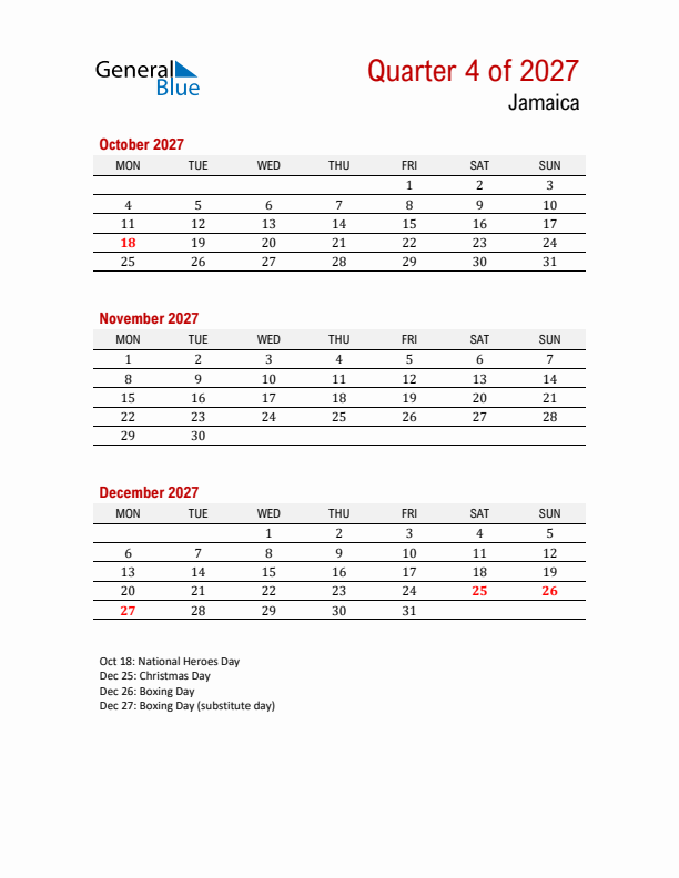 Printable Three Month Calendar with Jamaica Holidays