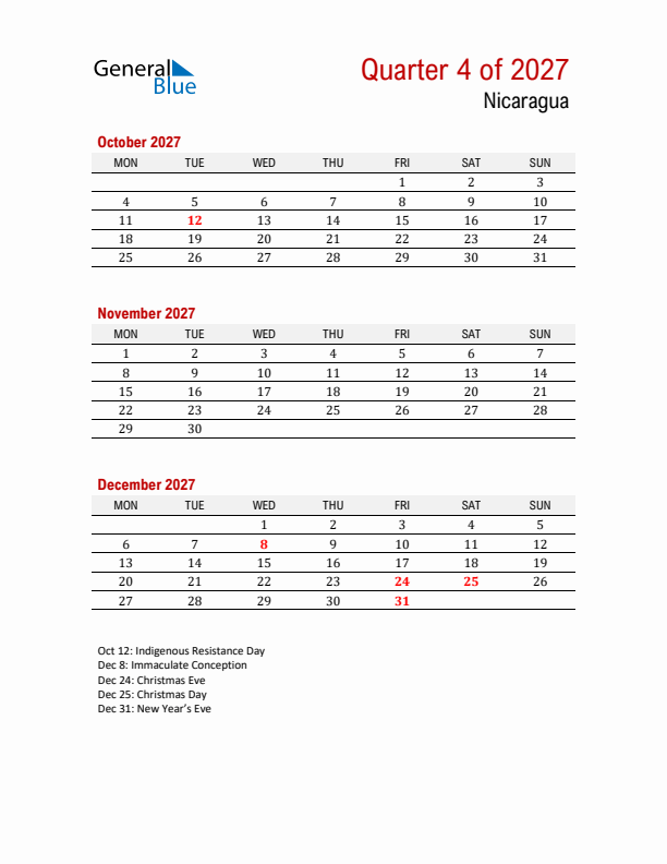 Printable Three Month Calendar with Nicaragua Holidays