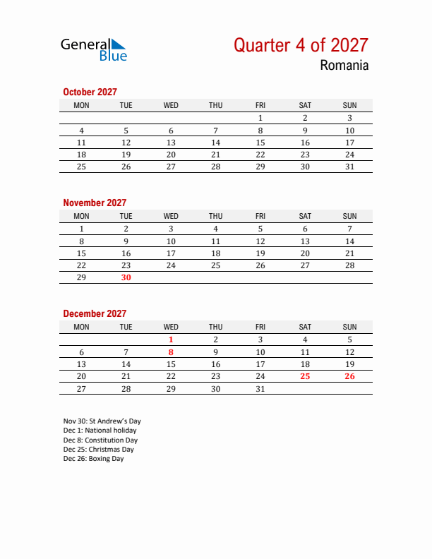 Printable Three Month Calendar with Romania Holidays