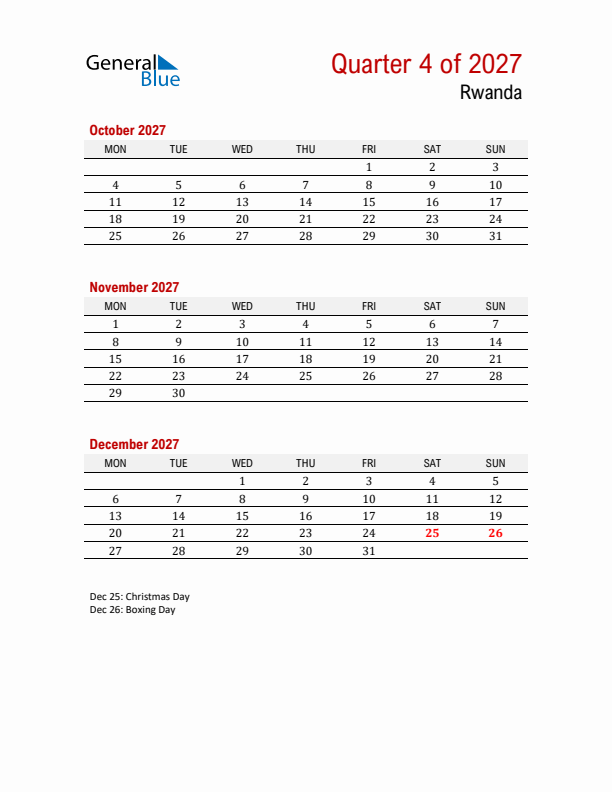 Printable Three Month Calendar with Rwanda Holidays