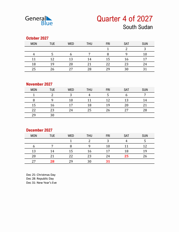 Printable Three Month Calendar with South Sudan Holidays