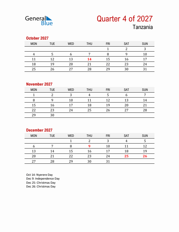 Printable Three Month Calendar with Tanzania Holidays