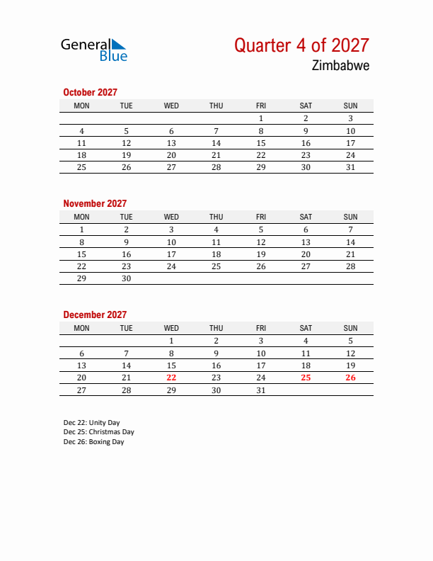 Printable Three Month Calendar with Zimbabwe Holidays