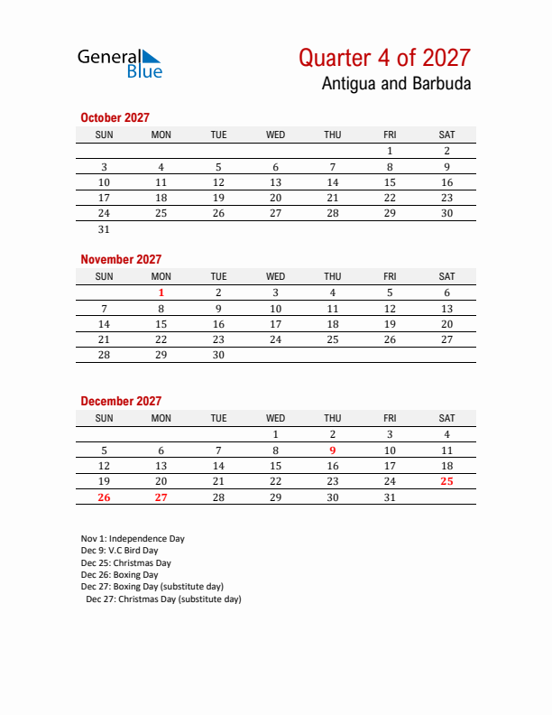 Printable Three Month Calendar with Antigua and Barbuda Holidays