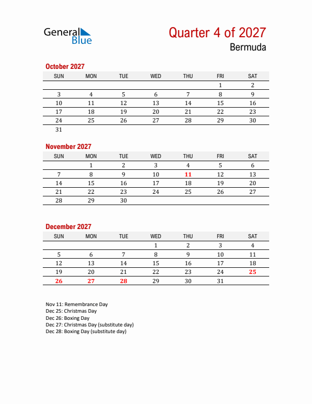 Printable Three Month Calendar with Bermuda Holidays