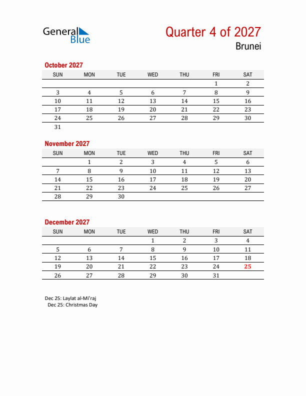 Printable Three Month Calendar with Brunei Holidays