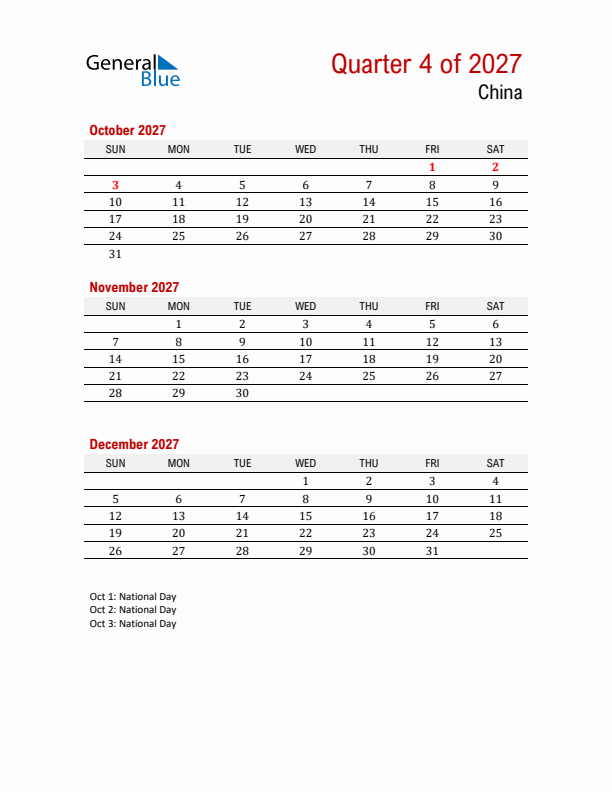 Printable Three Month Calendar with China Holidays