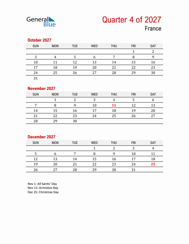 Printable Three Month Calendar with France Holidays