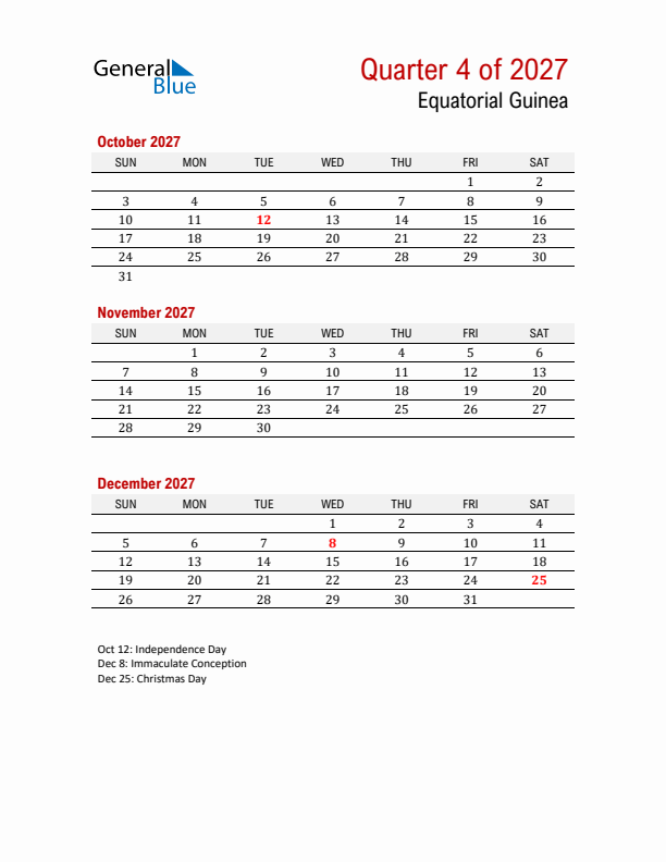 Printable Three Month Calendar with Equatorial Guinea Holidays