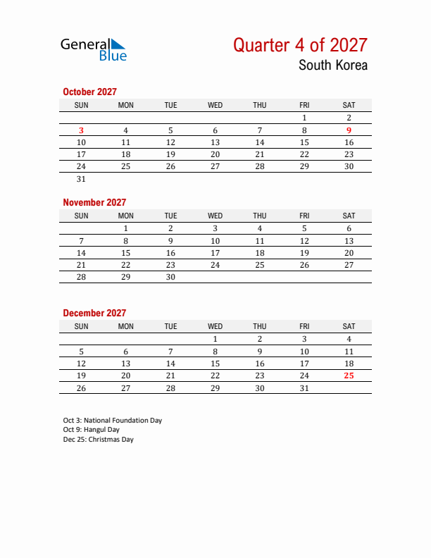 Printable Three Month Calendar with South Korea Holidays