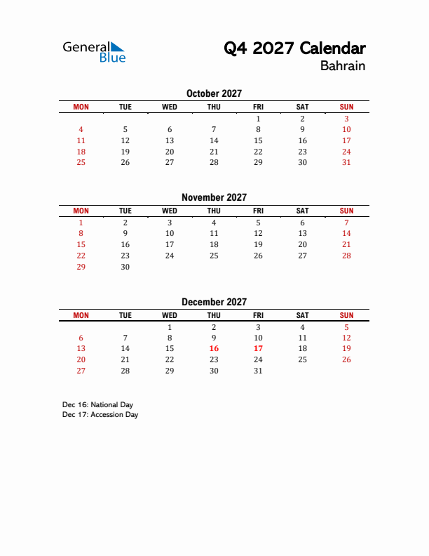 2027 Q4 Calendar with Holidays List for Bahrain