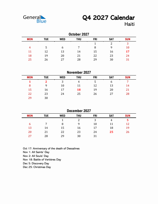 2027 Q4 Calendar with Holidays List for Haiti