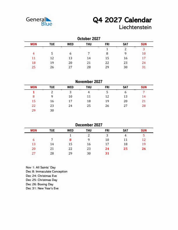 2027 Q4 Calendar with Holidays List for Liechtenstein