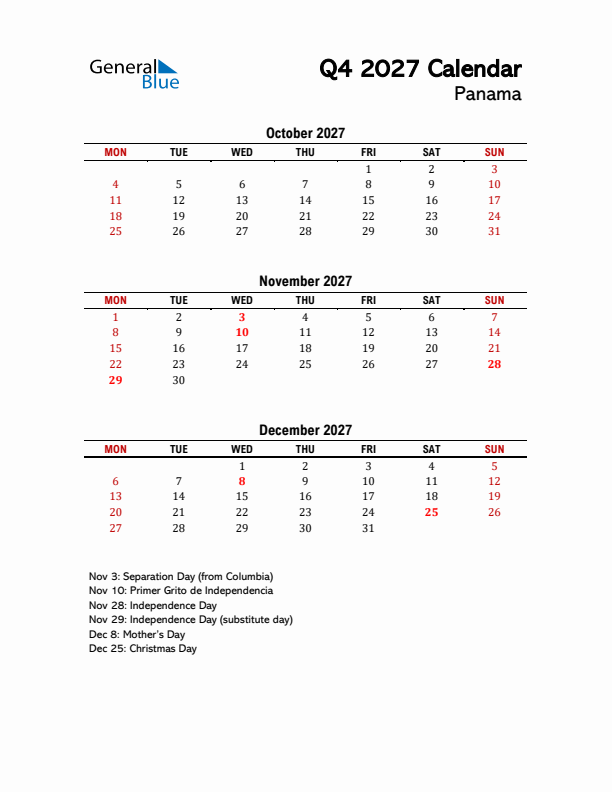 2027 Q4 Calendar with Holidays List for Panama