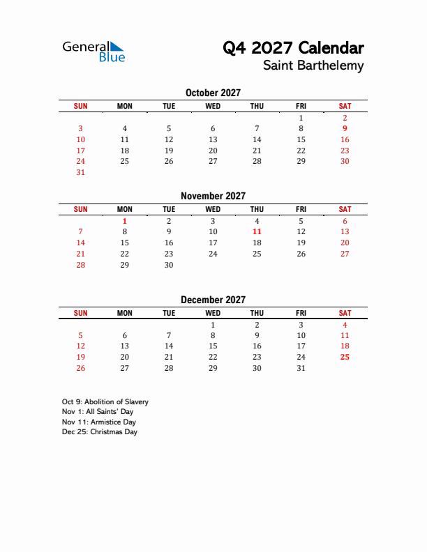 2027 Q4 Calendar with Holidays List for Saint Barthelemy