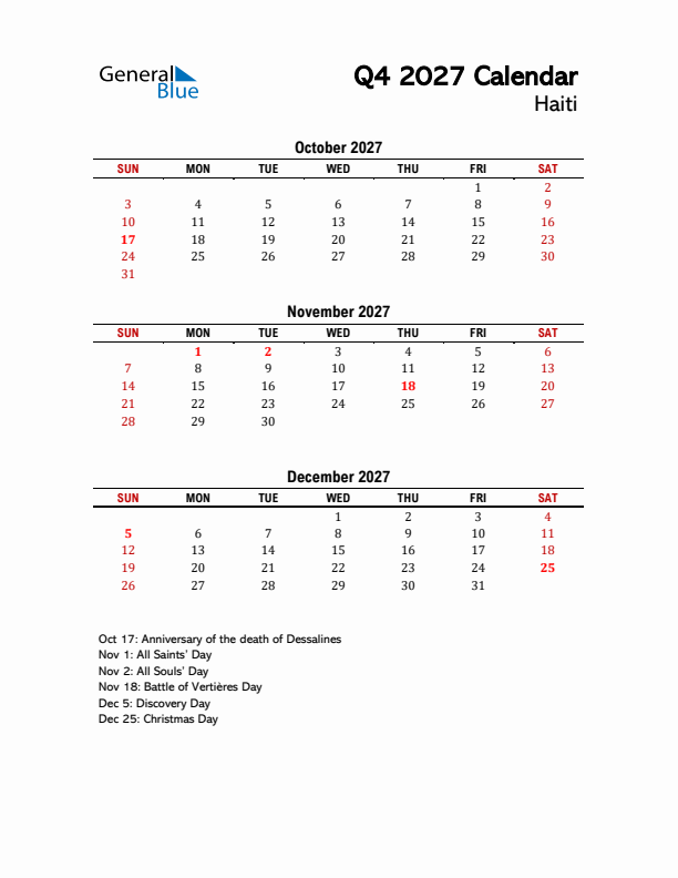 2027 Q4 Calendar with Holidays List for Haiti