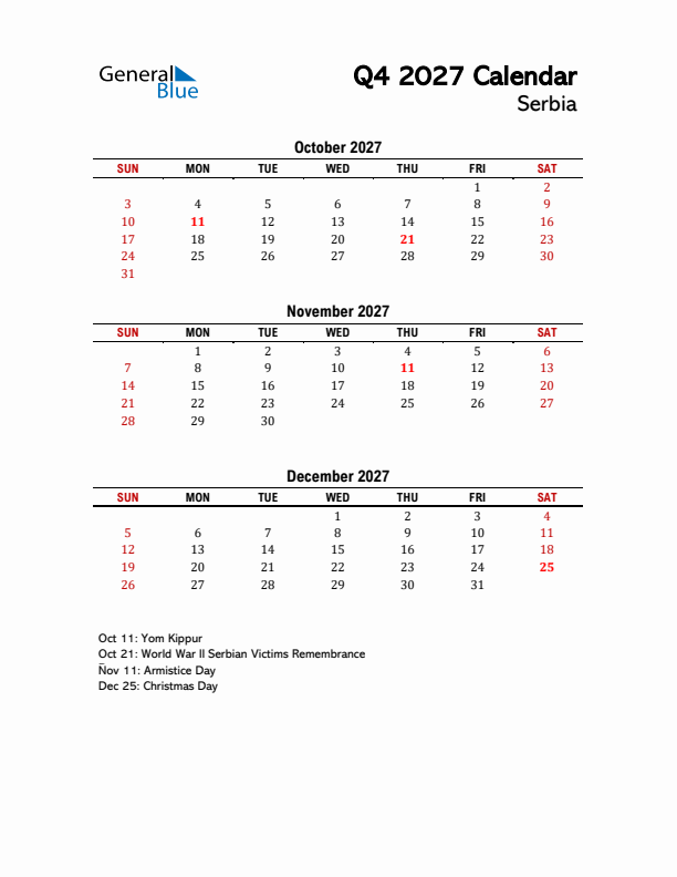 2027 Q4 Calendar with Holidays List for Serbia