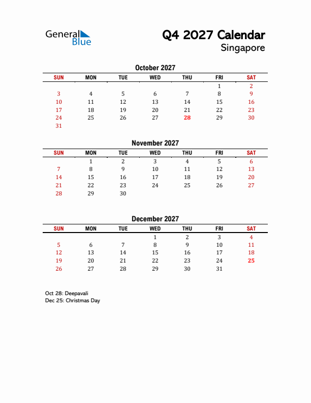 2027 Q4 Calendar with Holidays List for Singapore