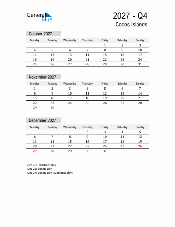 Cocos Islands Quarter 4 2027 Calendar with Holidays
