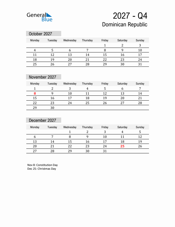 Dominican Republic Quarter 4 2027 Calendar with Holidays