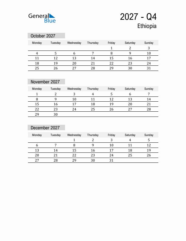 Ethiopia Quarter 4 2027 Calendar with Holidays