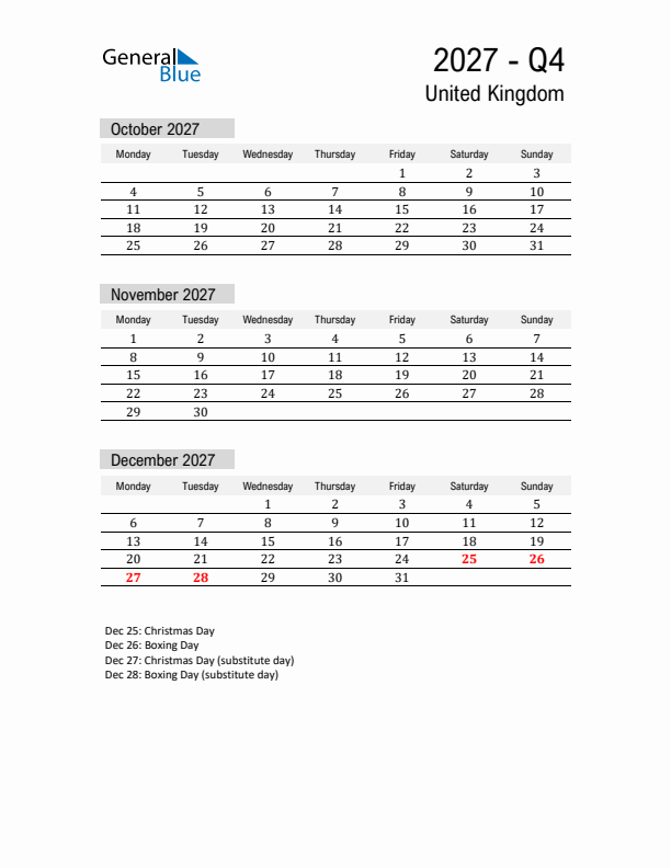 United Kingdom Quarter 4 2027 Calendar with Holidays