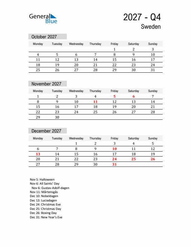 Sweden Quarter 4 2027 Calendar with Holidays