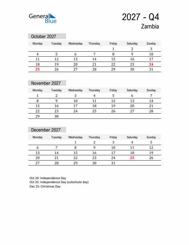 Zambia Quarter 4 2027 Calendar with Holidays
