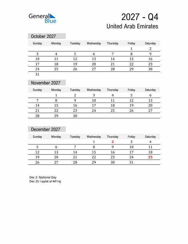 United Arab Emirates Quarter 4 2027 Calendar with Holidays