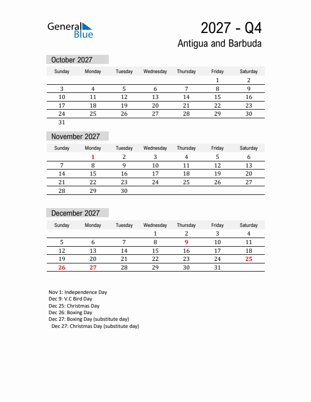 Antigua and Barbuda Quarter 4 2027 Calendar with Holidays