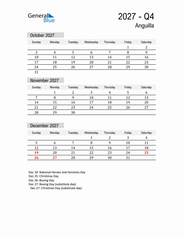 Anguilla Quarter 4 2027 Calendar with Holidays