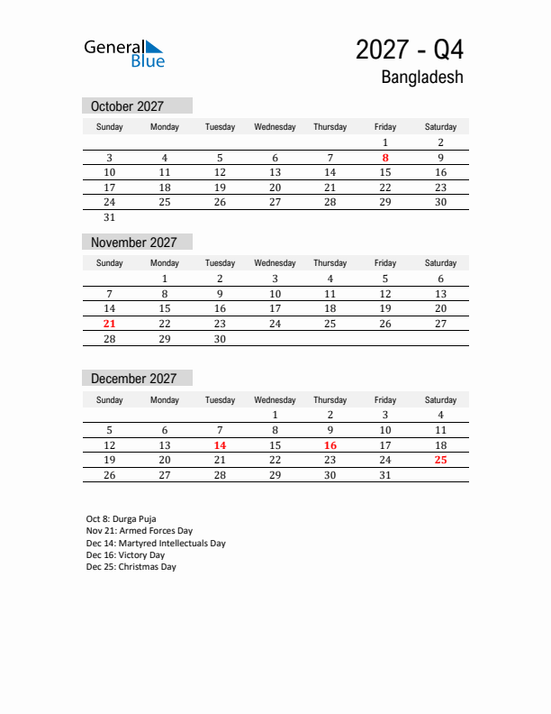 Bangladesh Quarter 4 2027 Calendar with Holidays