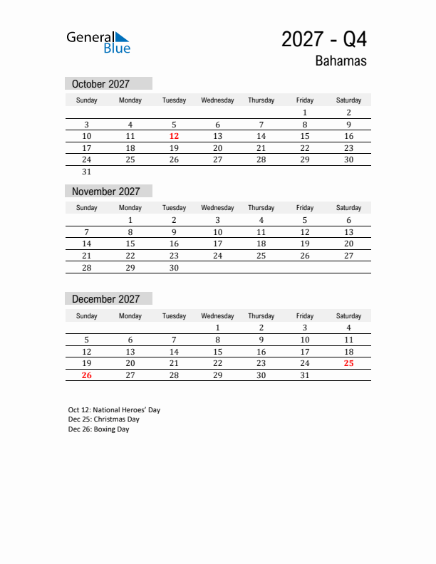 Bahamas Quarter 4 2027 Calendar with Holidays