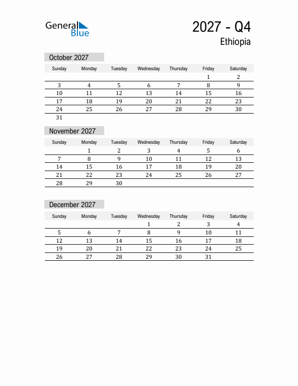 Ethiopia Quarter 4 2027 Calendar with Holidays
