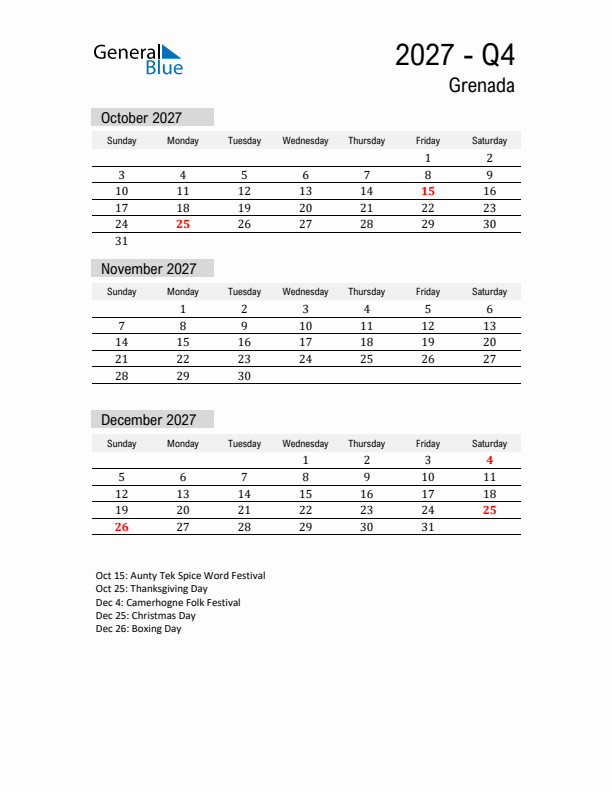 Grenada Quarter 4 2027 Calendar with Holidays