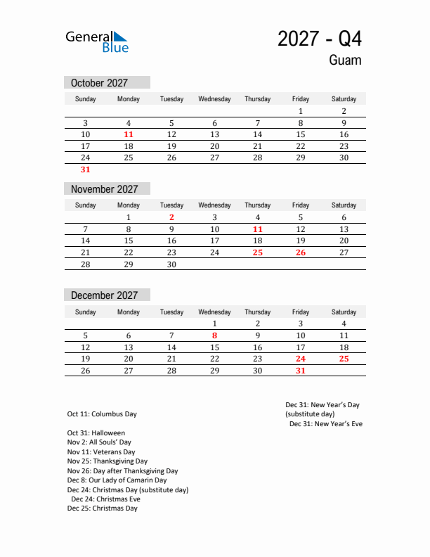 Guam Quarter 4 2027 Calendar with Holidays