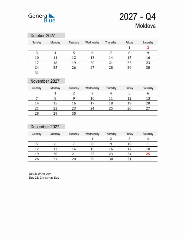 Moldova Quarter 4 2027 Calendar with Holidays