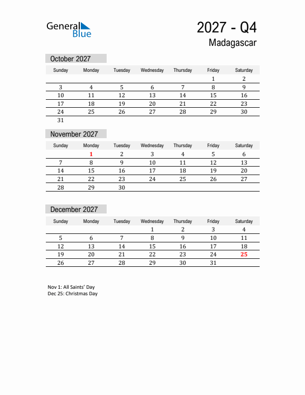 Madagascar Quarter 4 2027 Calendar with Holidays