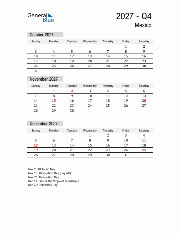 Mexico Quarter 4 2027 Calendar with Holidays