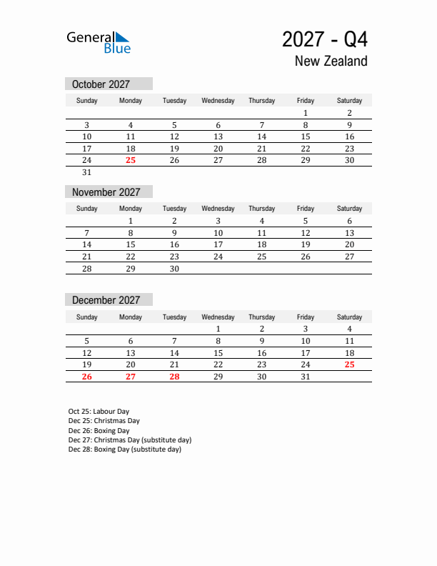 New Zealand Quarter 4 2027 Calendar with Holidays