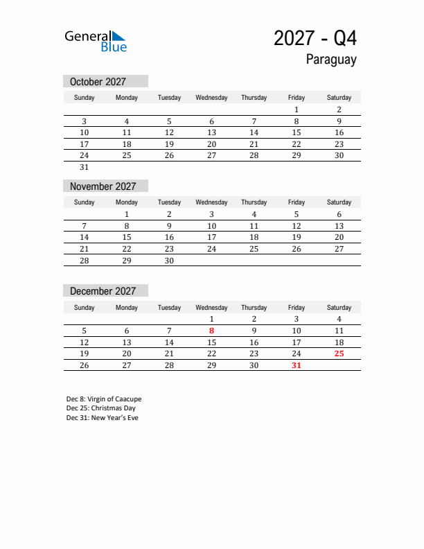 Paraguay Quarter 4 2027 Calendar with Holidays