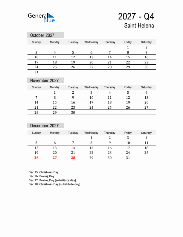 Saint Helena Quarter 4 2027 Calendar with Holidays