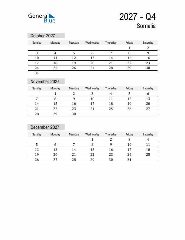 Somalia Quarter 4 2027 Calendar with Holidays