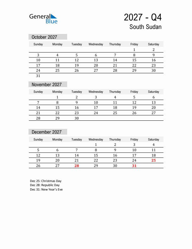 South Sudan Quarter 4 2027 Calendar with Holidays