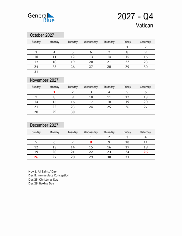 Vatican Quarter 4 2027 Calendar with Holidays