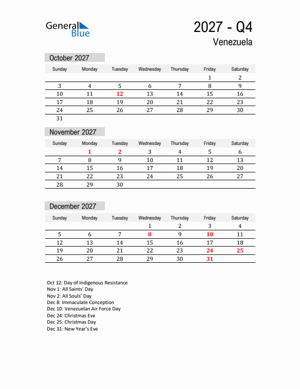 Venezuela Quarter 4 2027 Calendar with Holidays