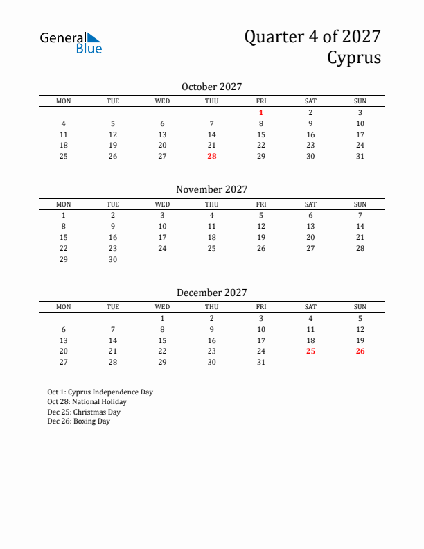 Quarter 4 2027 Cyprus Quarterly Calendar